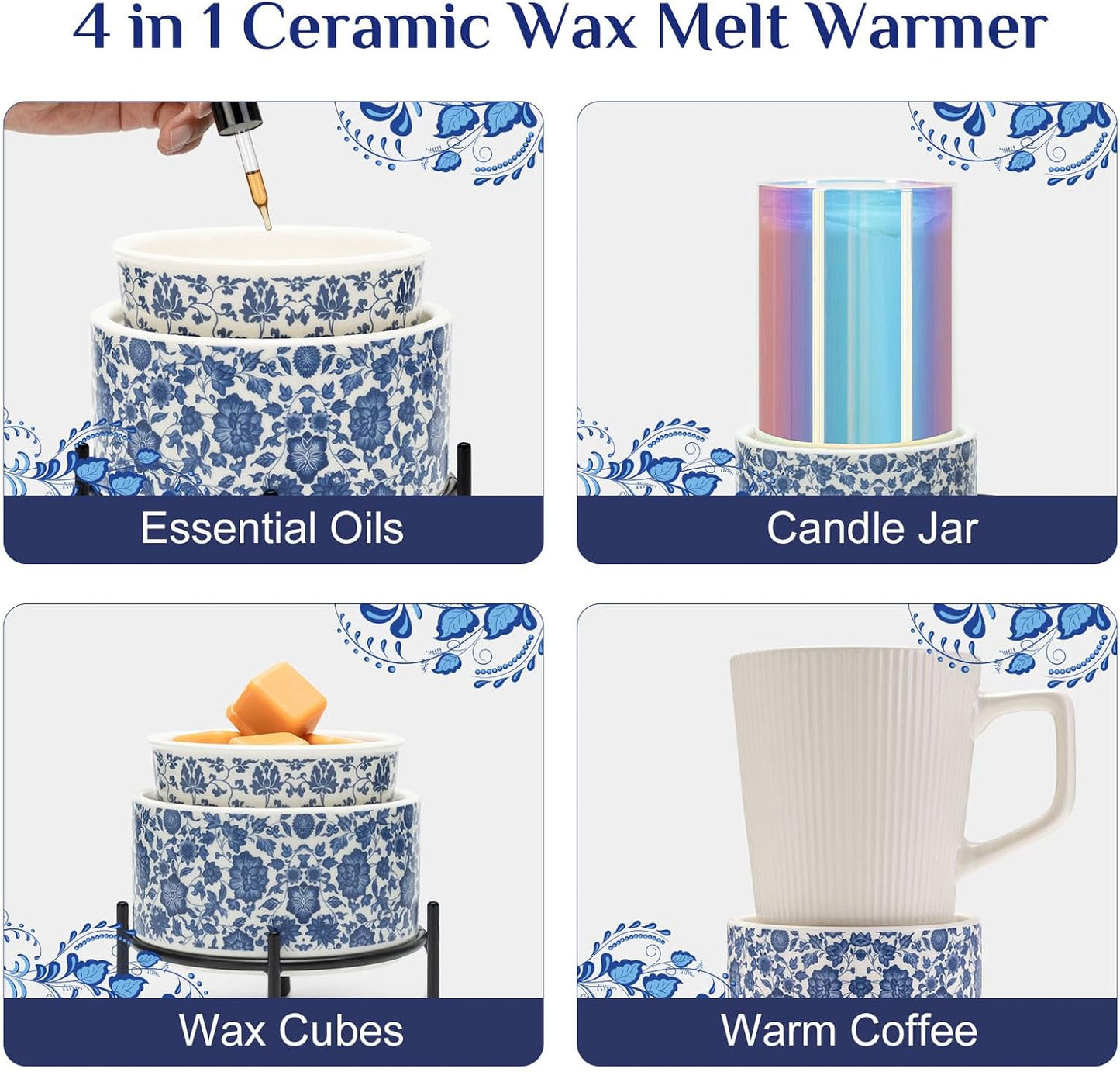 NAFANG Blue & White Porcelain Pattern Wax Melt Warmer,Ceramic 3-in-1 Electric Candle Wax Warmer for Scented Wax Melter Oil Burner for Home Office Bedroom Gift & Decor (with KD Iron Shelf)