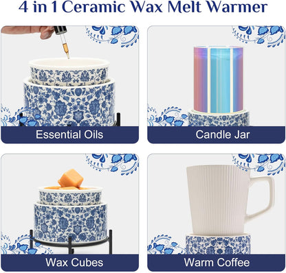 NAFANG Blue & White Porcelain Pattern Wax Melt Warmer,Ceramic 3-in-1 Electric Candle Wax Warmer for Scented Wax Melter Oil Burner for Home Office Bedroom Gift & Decor (with KD Iron Shelf)