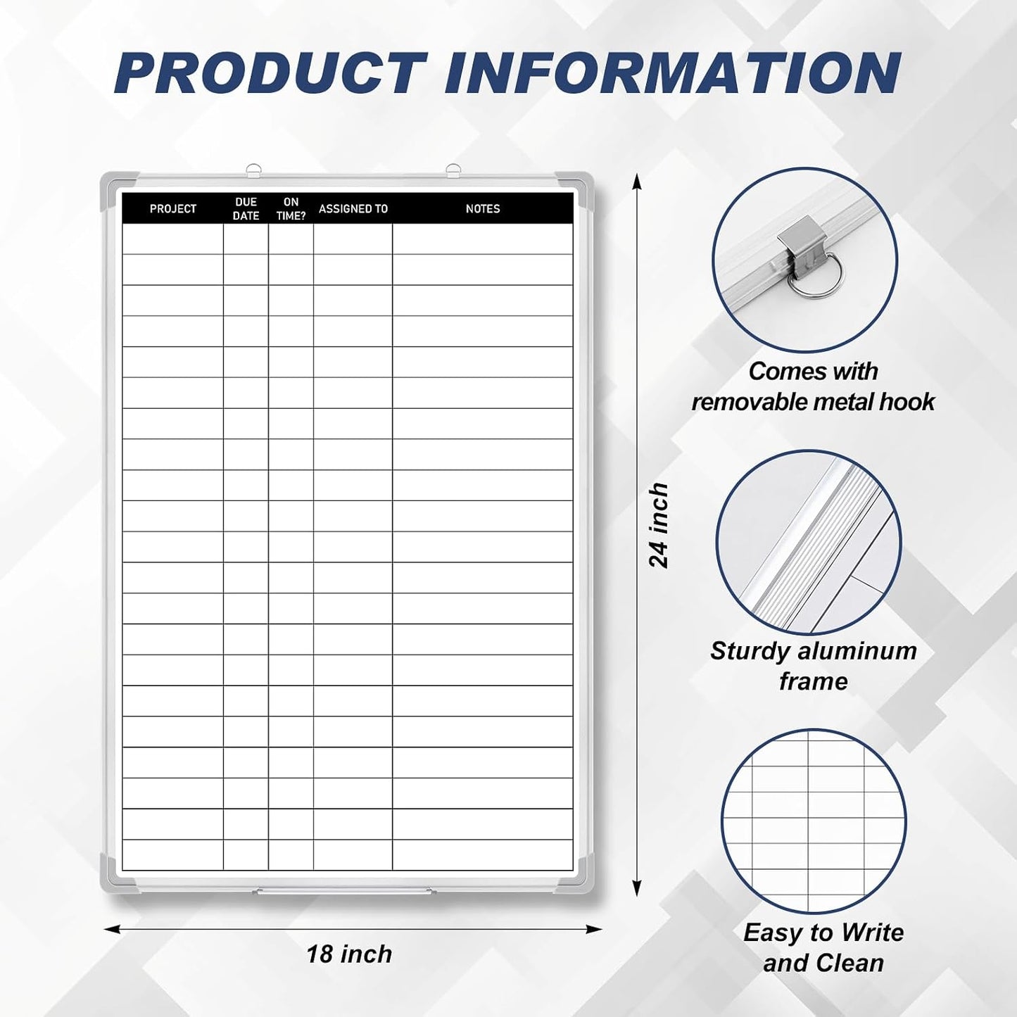 Lincia Aluminum Frame Dry Erase Board with Lines, Double Sided Wall-Mounted Whiteboard for Scheduling, to Do Lists & Weekly Planning, Reusable Calendar for Home & Work(Project Planning Board,24"x18")
