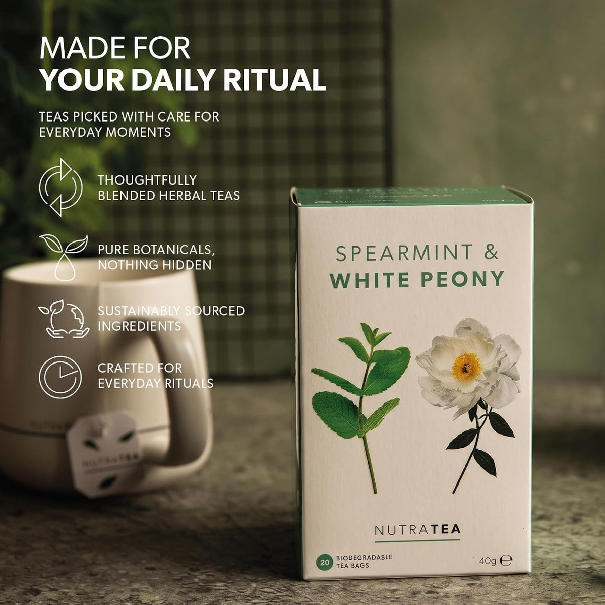 Nutra Tea - Spearmint & White Peony – Spearmint Tea, PCOS Tea - For Digestion, Women's Health & Acne - 20 Individually Wrapped Bags - Herbal Infusion (1 Pack)