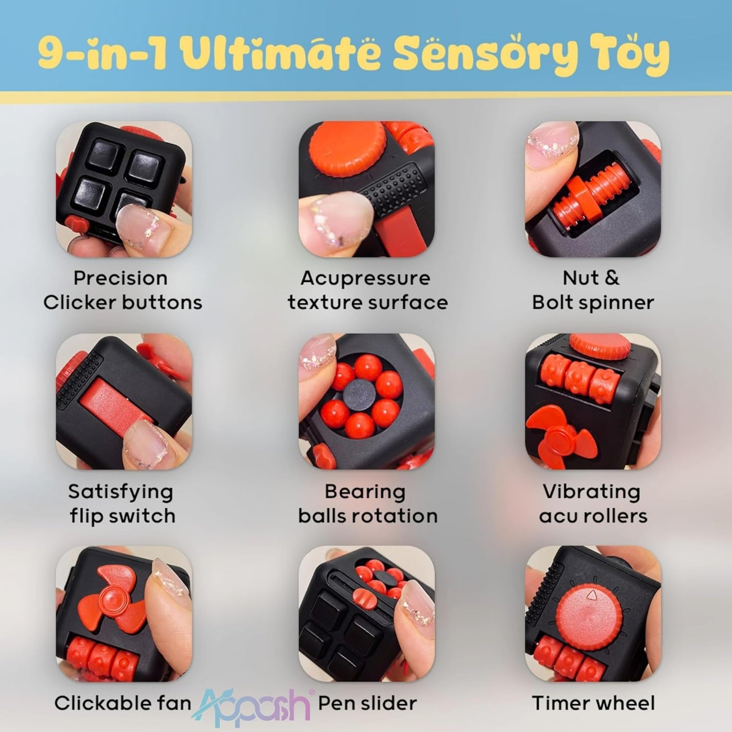 Fidget Cube - 9-in-1 Sensory Desk Toy ADHD Anxiety Relief [BlkRed] | Silent office desk toy, features ACU rollers, clickable fan, pen slider, bearing balls, ultimate focus decompression pack