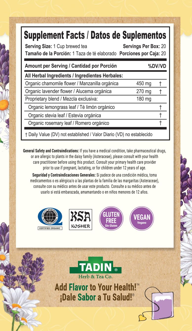 Tadin Organic Chamomile Lavender Tea, Caffeine Free Herbal Tea to Promote Serenity, 20 Tea Bags Per Box, Pack of 6