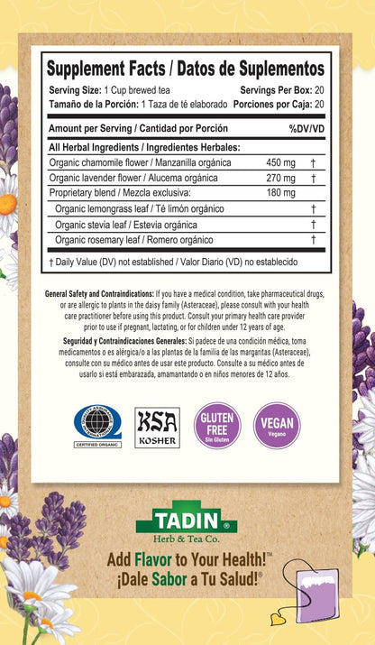 Tadin Organic Chamomile Lavender Tea, Caffeine Free Herbal Tea to Promote Serenity, 20 Tea Bags Per Box, Pack of 6