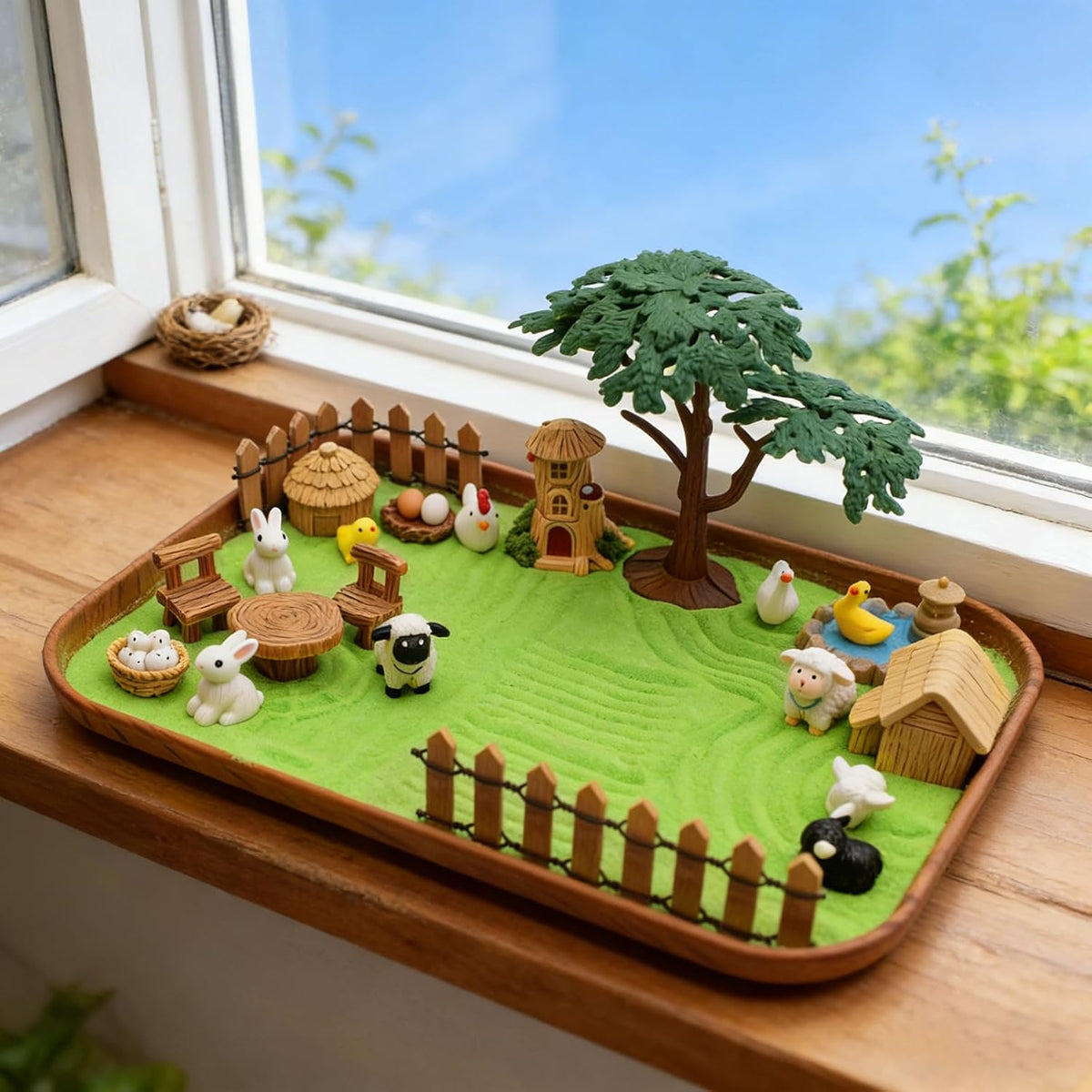 32 Pcs Zen Garden Kit for Desk, Mini Zen Sand Garden with Wooden Tray & Rake, Realistic Farm Animal & Figurines, Farmhouse Stress Relief Fidget Toy for Adults Home & Office, Mindfulness Gift