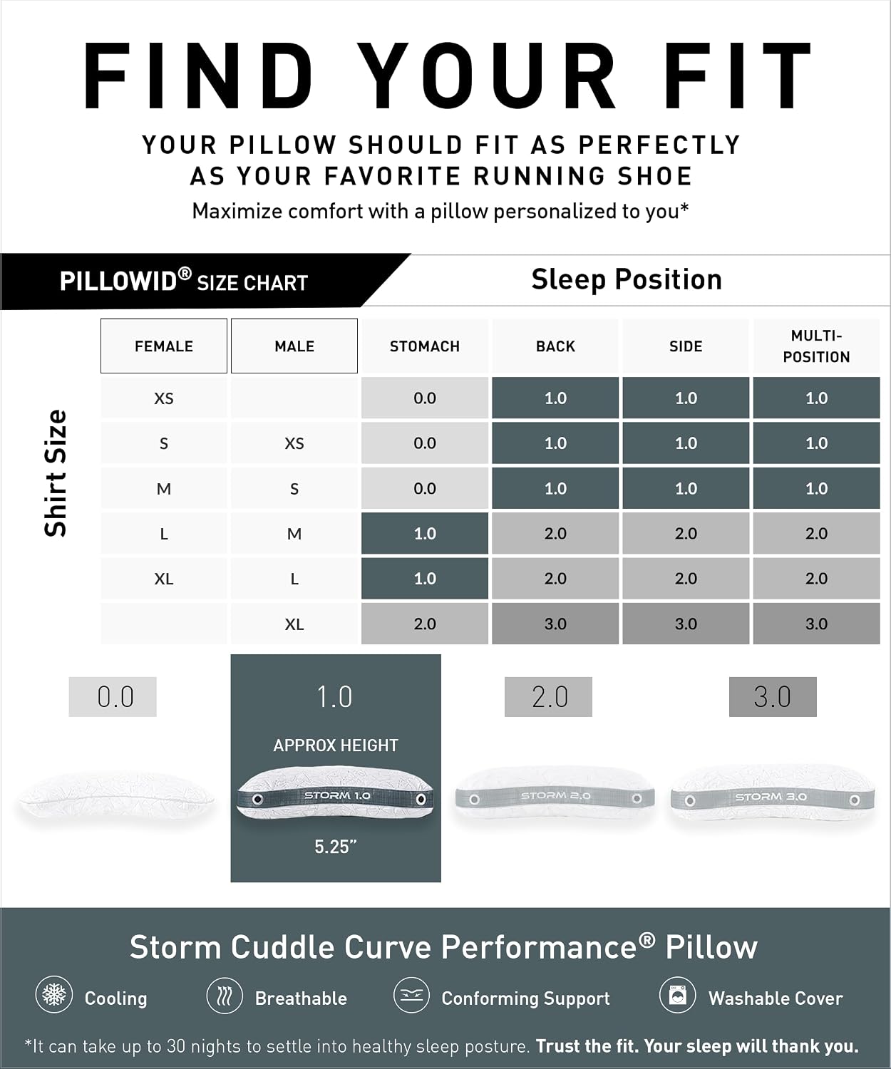 Bedgear Storm Performance Pillow, 1.0 Cooling Pillow for Side Sleepers, Medium Firm Support, Ver-Tex Cooling Cover, Air-X Mesh, Washable