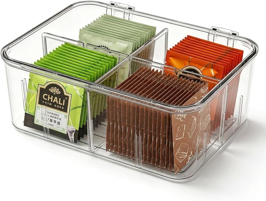 Tea Organizer for Tea Bags Organizer and Storage With Lid | Clear, Removable Divided, Tea Bag Holder, Drink Packets Organizer, For Cabinet, Counter, Countertop