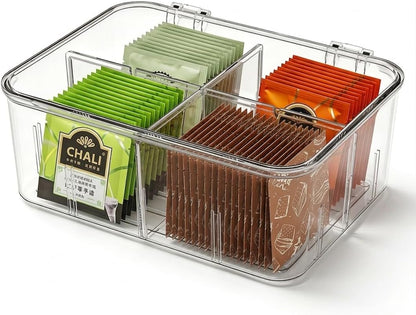 Tea Organizer for Tea Bags Organizer and Storage With Lid | Clear, Removable Divided, Tea Bag Holder, Drink Packets Organizer, For Cabinet, Counter, Countertop