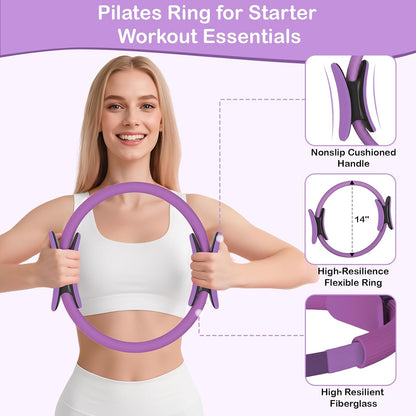 Hoedia Pilates Kit for Women, Pilates Equipment Ring and Ball Set with Resistance Bands, Yoga Strap, Core Sliders, Socks, Bag & Guide for Starter Home Workout Fitness Gym Essentials