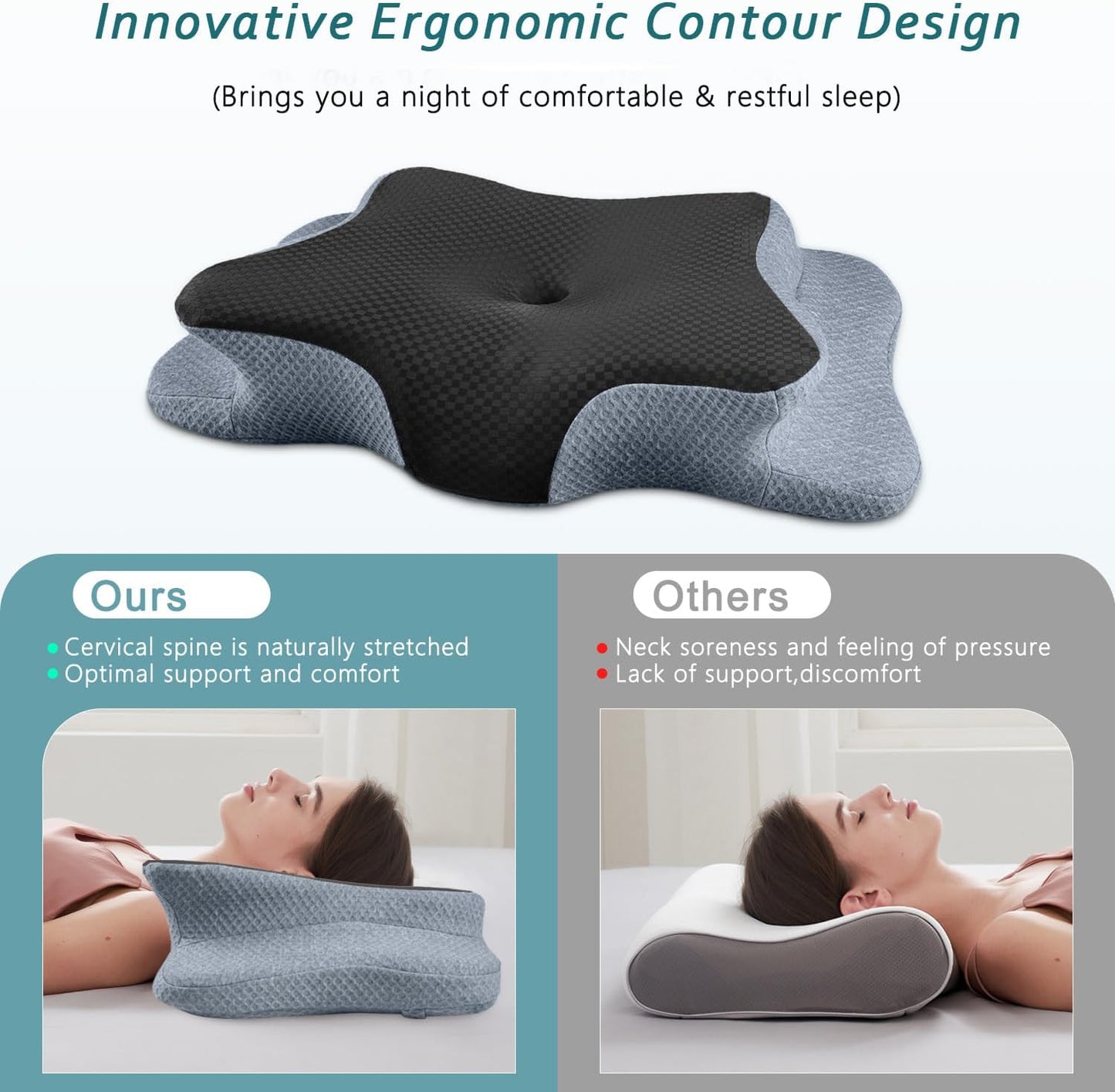 CHxxy Cervical Neck Pillow for Pain Relief Sleeping, Memory Foam Pillows, Ergonomic Side Sleeper Pillows, Cooling Orthopedic Neck Support Pillow for Back Stomach Sleepers-Queen Size Grey&Grey
