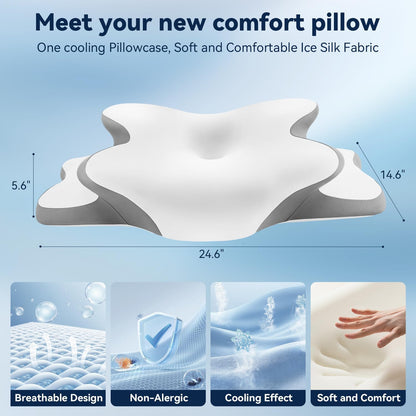 Sleep Apnea Pillow with Neck Pain & Snoring Relief -Orthopedic Cervical Pillow,Ergonomic Contour Memory Foam Pillow for Side, Back,Stomach,Dreamers,Medium Firm (Darkgrey, Queen Size 25" lx15 wx5.8 h)