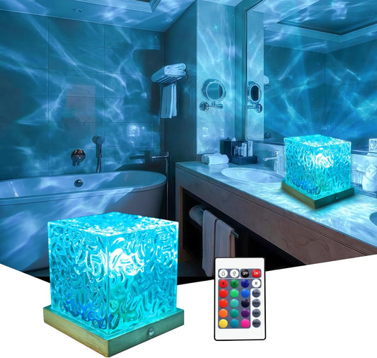 RICHMYC Ocean Wave Projector Light, 16 Colors Gradual Rotating Water Lamp with Remote Control, Beach Decor Sea Themed Northern Lights Projector for Office Bedroom Bar Restaurant(Plug in 5.3in)