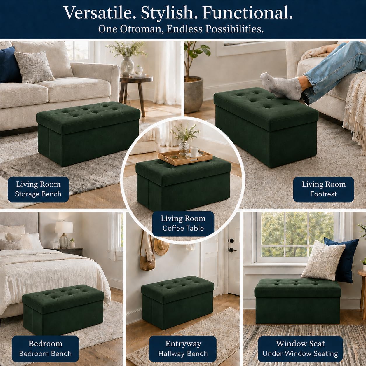 ALASDO Storage Ottoman Footrest Stool Small Ottoman with Storage Foldable Ottomans Foot Rest Footstool Bench for Living Room 17x13x13inches Grey