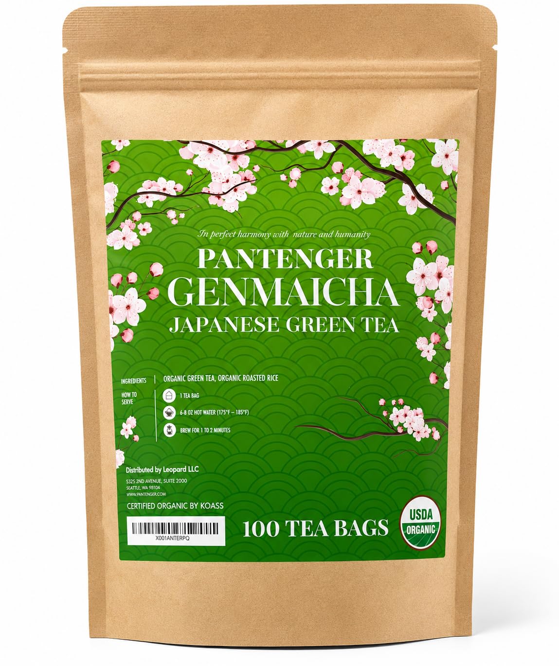 Organic Japanese Genmaicha | 100 Tea Bags | Organic Japanese Green Tea + Roasted Brown Rice | by Pantenger.