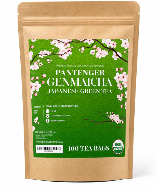 Organic Japanese Genmaicha | 100 Tea Bags | Organic Japanese Green Tea + Roasted Brown Rice | by Pantenger.