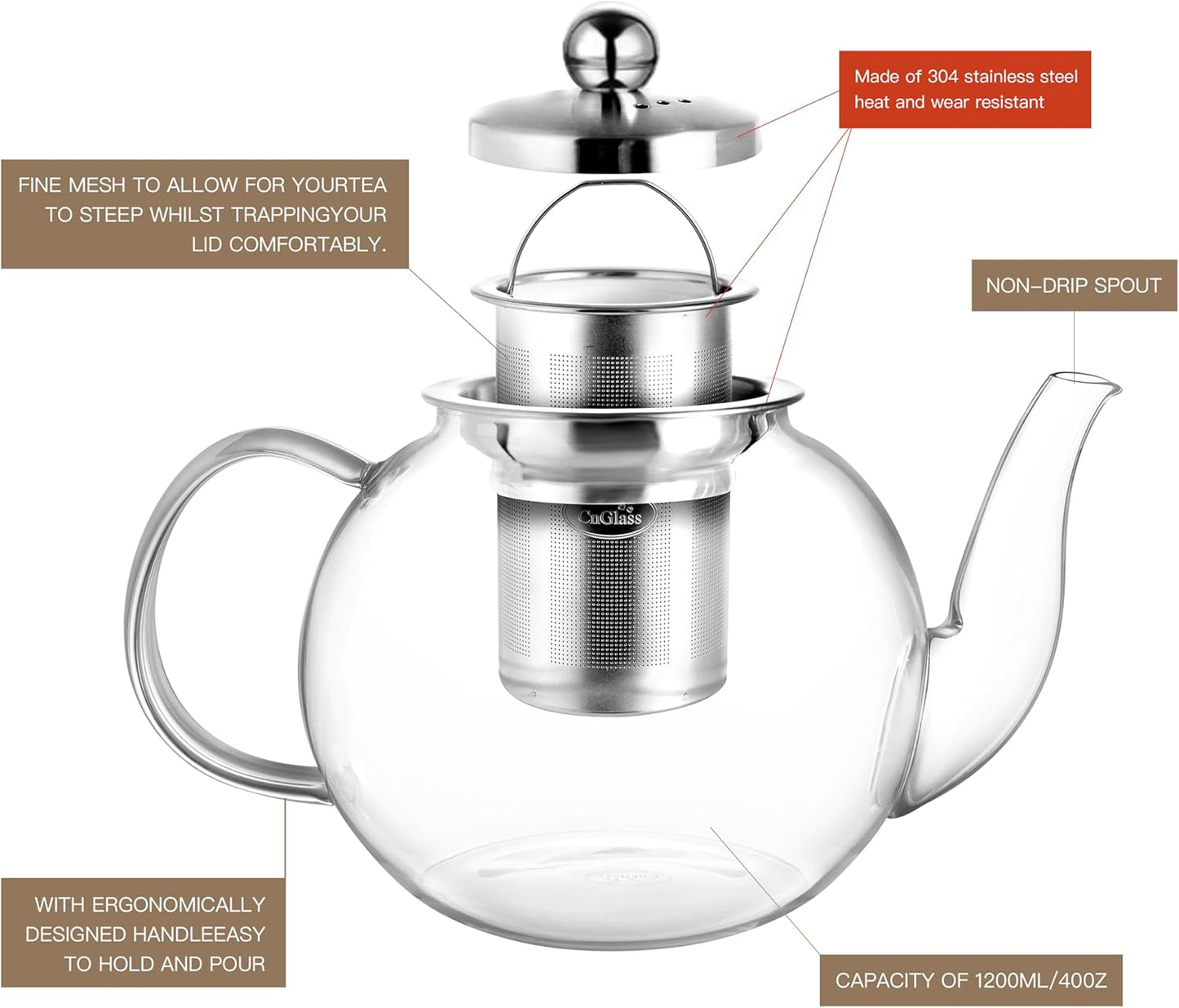 CNGLASS 900ml Glass Teapot with Removable Infuser,Clear Tea Kettle Stovetop Safe,Blooming and Loose Leaf Tea Maker