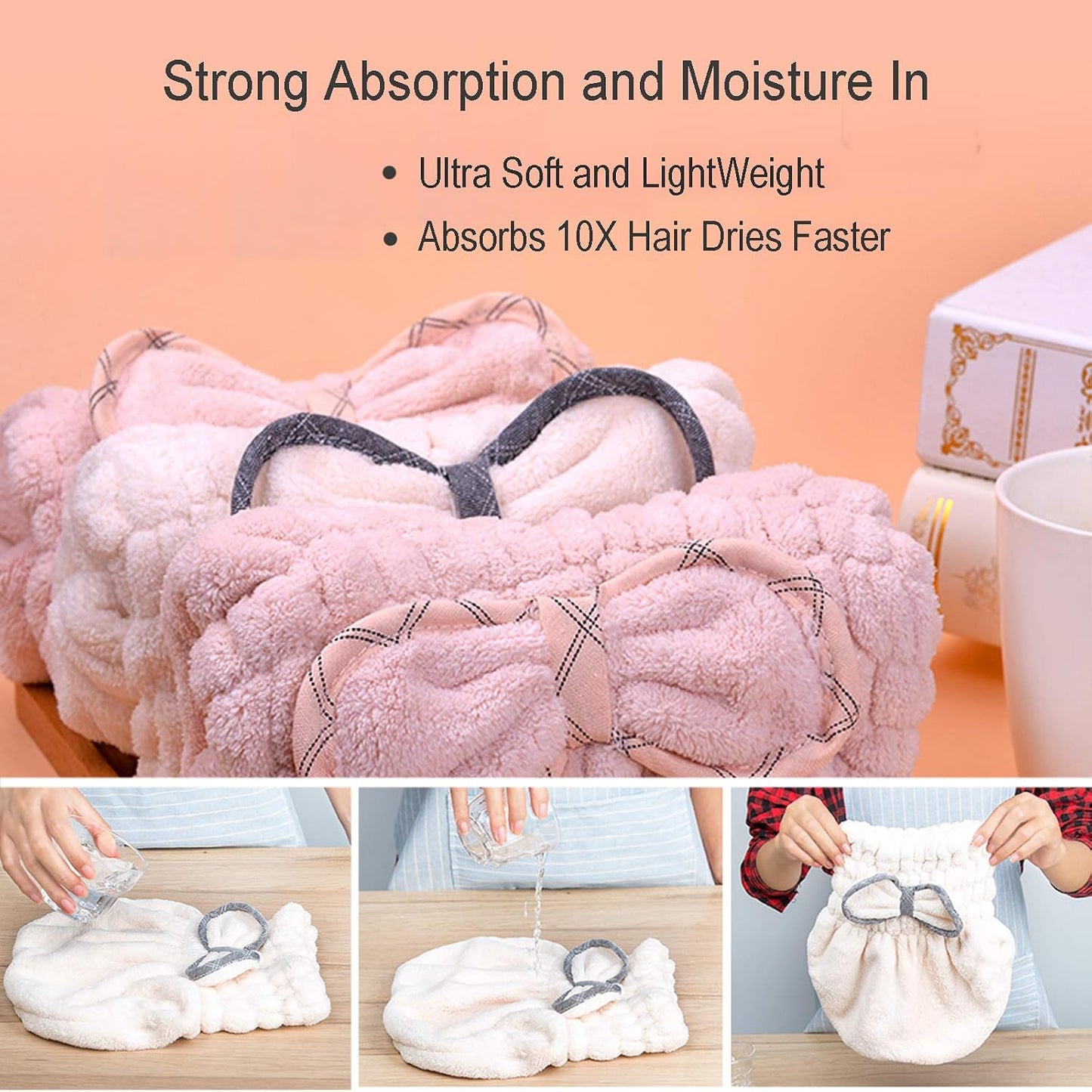 Jseng 2PC Microfiber Hair Drying Caps, Extrame Soft & Ultra Absorbent, Fast Drying Hair Turban Wrap Towels Shower Cap for Girls and Women