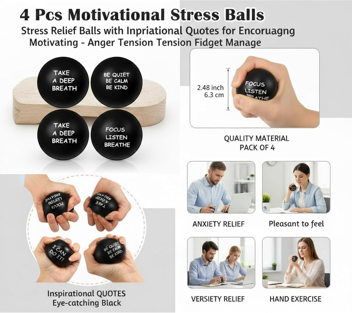 Ceenna 4 Pcs Motivational Balls for Adults Anxiety Relief, Black
