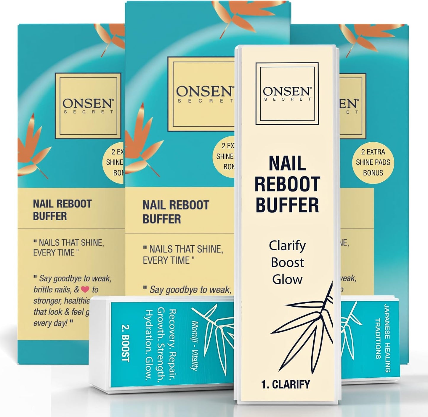 Onsen Secret Professional Nail Buffer Block | 4-Way Buffing for Natural Shine & Healthy Natural Nails - Includes 2 Extra Shine Pads, Salon-Quality, Post-Gel & Acrylic Recovery | 1 Pack