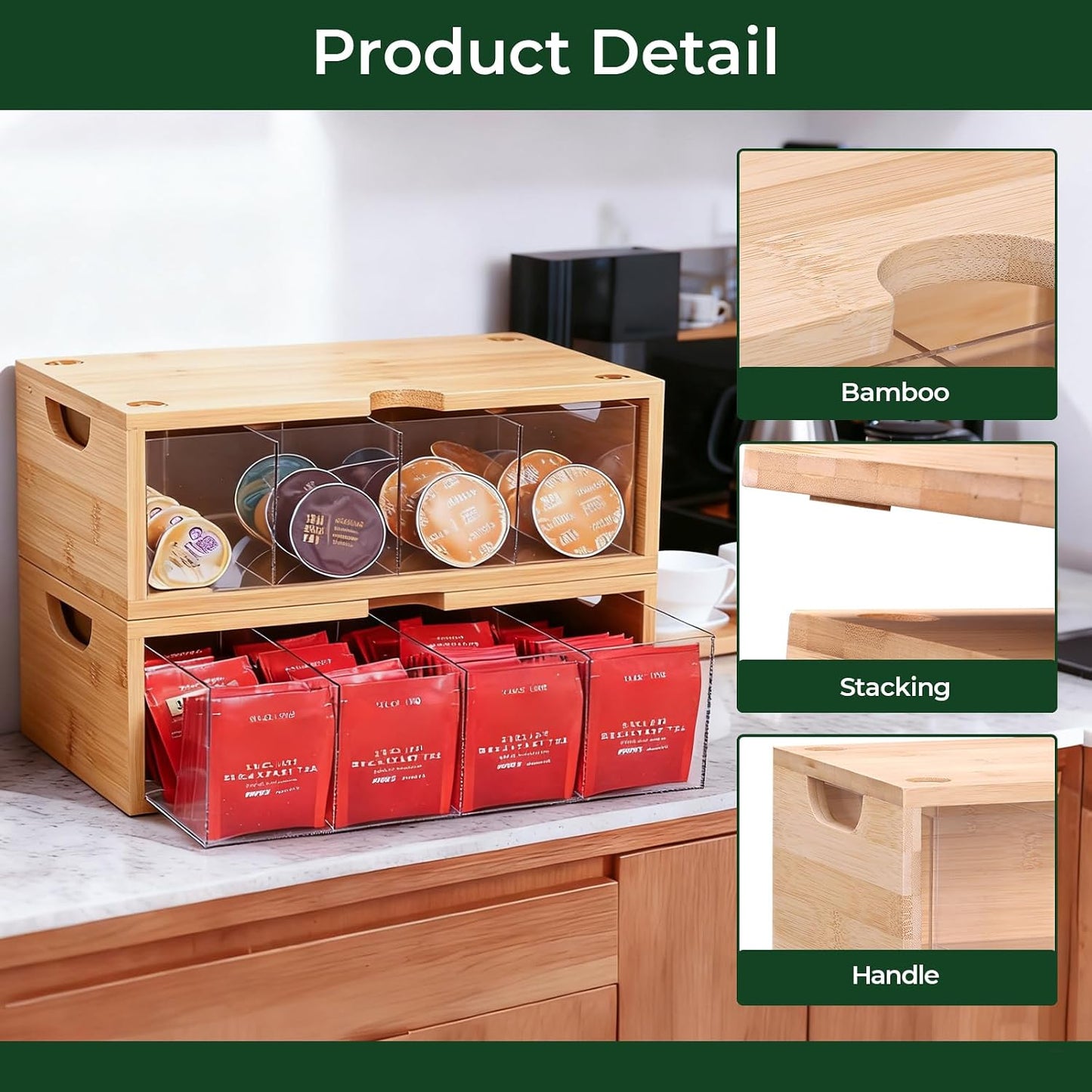 Bamboo Stackable Tea Bag Organizer, 2-Piece