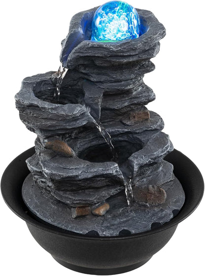 Giantex Tabletop Water Fountain with Warm LED Light, Tiered Rock Waterfall with Pump, Zen Meditation Desktop Decor for Office, Home Relaxation