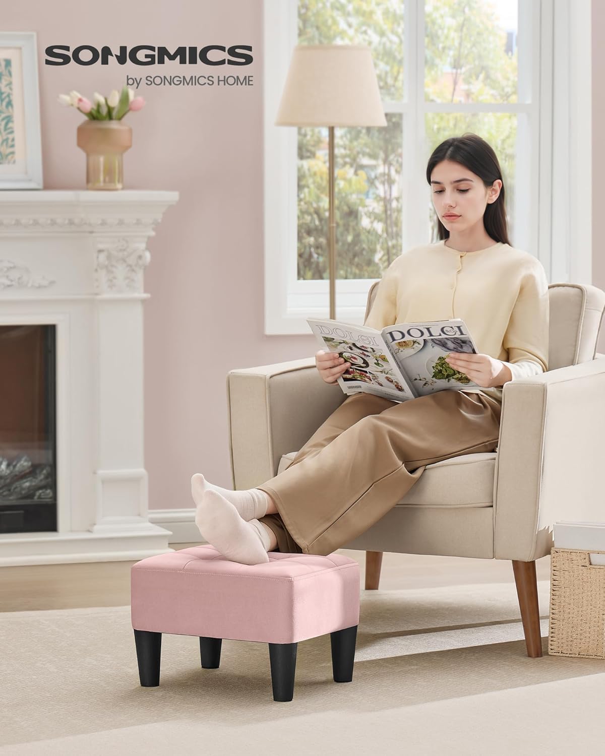SONGMICS Foot Stool with Legs, Small Footstool Ottoman, Linen-Look Fabric Seat with Thick Cushion, for Living Room, Bedroom, Entryway, 330 lb Weight Capacity, Dark Gray ULOM502G01