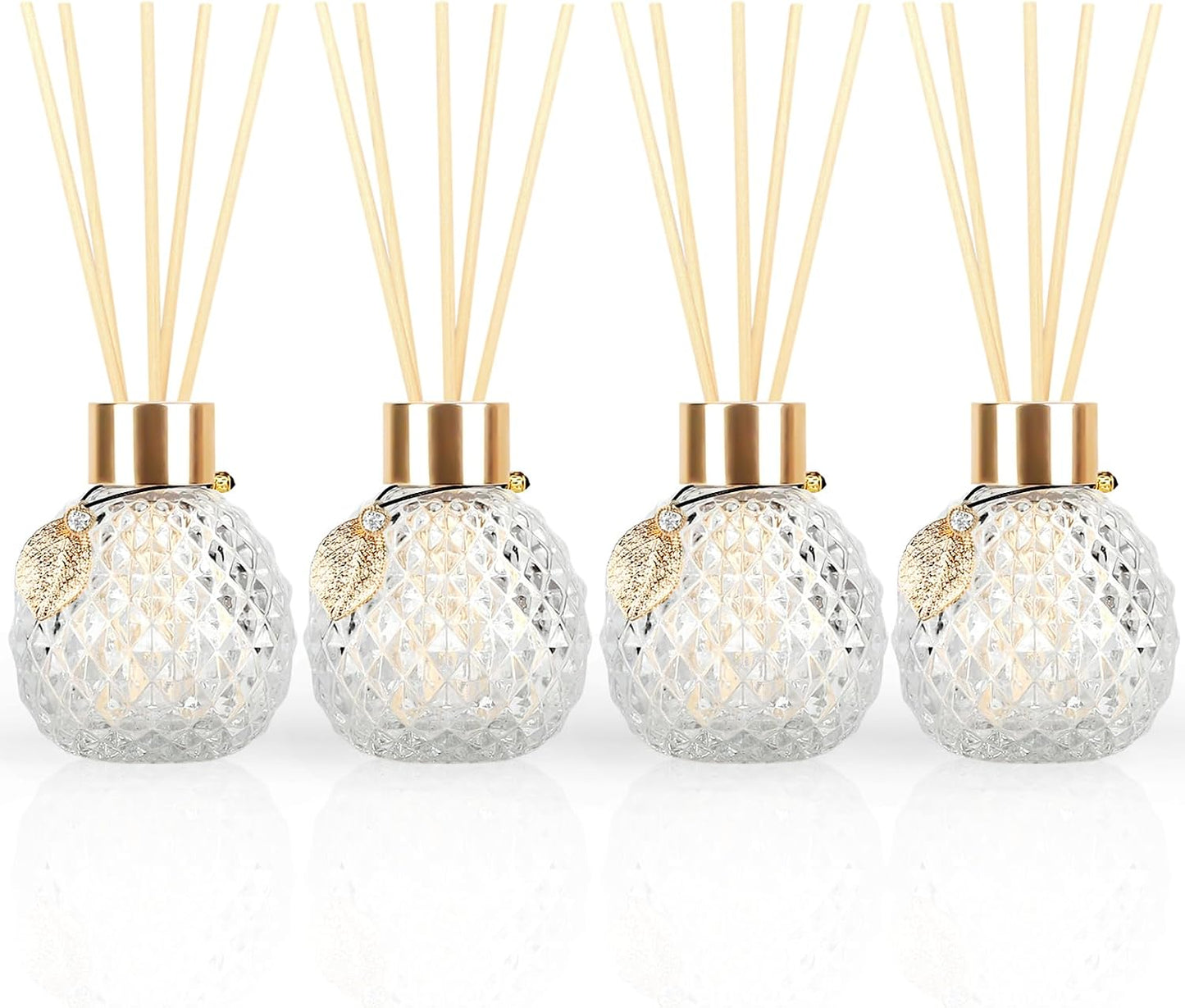4-Piece Reed Diffuser Set with Metal Golden Decoration, 3.5-4.2oz Empty Bottles and 20 Reed Sticks, Unique Design for Home and Office (4 Different Bottles)
