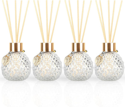 4-Piece Reed Diffuser Set with Metal Golden Decoration, 3.5-4.2oz Empty Bottles and 20 Reed Sticks, Unique Design for Home and Office (4 Different Bottles)