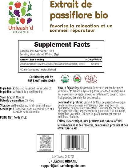 UNLEASH'D ORGANIC Organic Passion Flower Extract Powder 16 oz – 100% Pure Natural Botanical Supplement