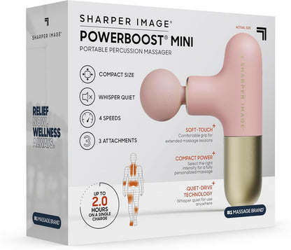 Sharper Image Powerboost Move - Mini Percussion Massage Gun| 4 Attachments, 4 Speeds, FSA Eligible| Full Body Back & Shoulder Massager| Deep Tissue Muscle Recovery| Portable Pain Relief Massage Tool