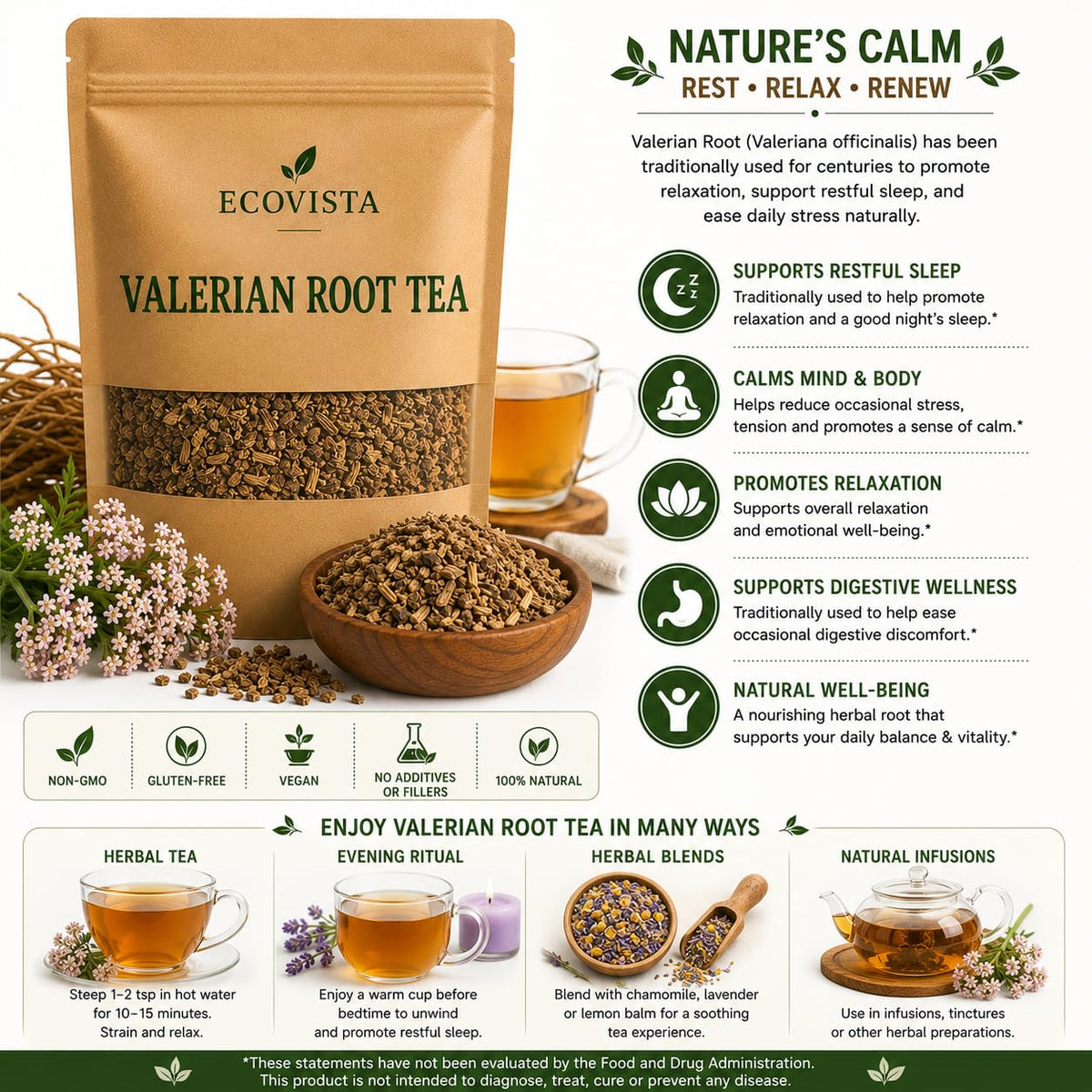Valerian Root Tea 4 oz | Organic Valeriana officinalis | Herbal Tea for Sleep, Stress & Relaxation | No Fillers or Additives | Non-GMO, Gluten-Free, Vegan