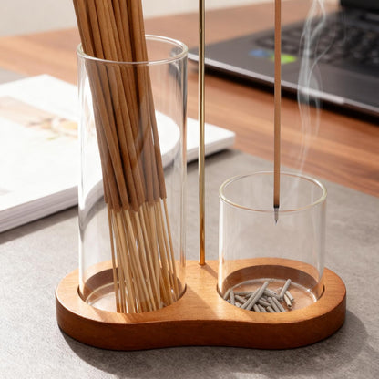 Incense Holder, 2 in 1 Incense Sticks Burner with Glass Ash Catcher & Stick Storage, Meditation Yoga Spa Gifts for Women, House Warming Gifts New Home Wooden Aesthetic Room Decor, Rustic Brown