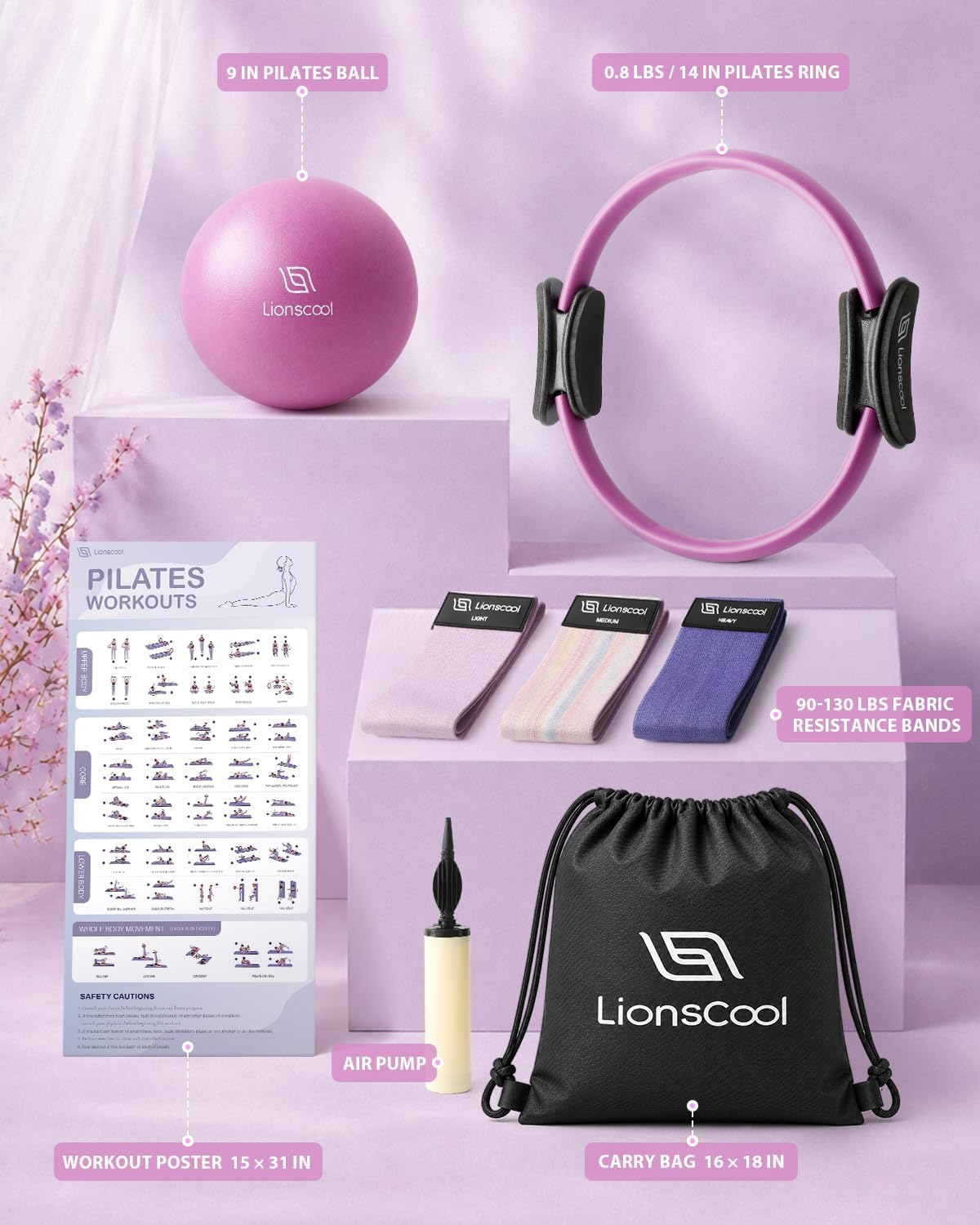 LIONSCOOL Pilates Ring Set – 14" Anti-Deformation Magic Circle with Padded Handles, Mini Ball, Resistance Bands, Guide & Bag