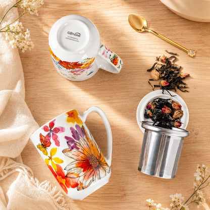 GBhome Tea Mug with Infuser and Lid, 18 Ounce Large Ceramic Loose Leaf Cup, Microwave, Dishwasher Safe, Perfect for Tea Lovers