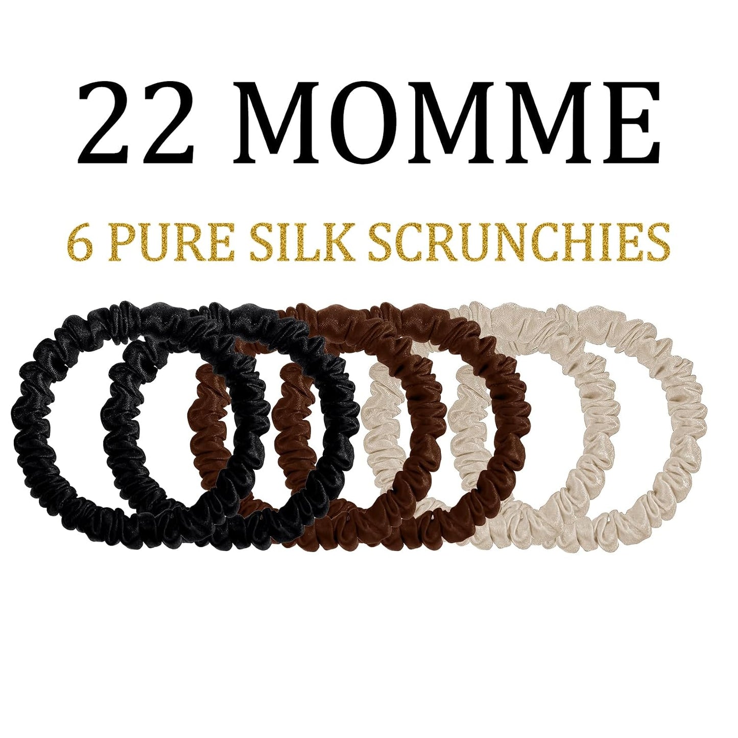22 Momme 6PCS 100% Mulberry Silk Hair Ties Small Silk Scrunchies for Women Girls Curly Thick Thin Hair .Women's Black Cute Satin Sleepy Bulk Hair Tie Scrunchie Sleep