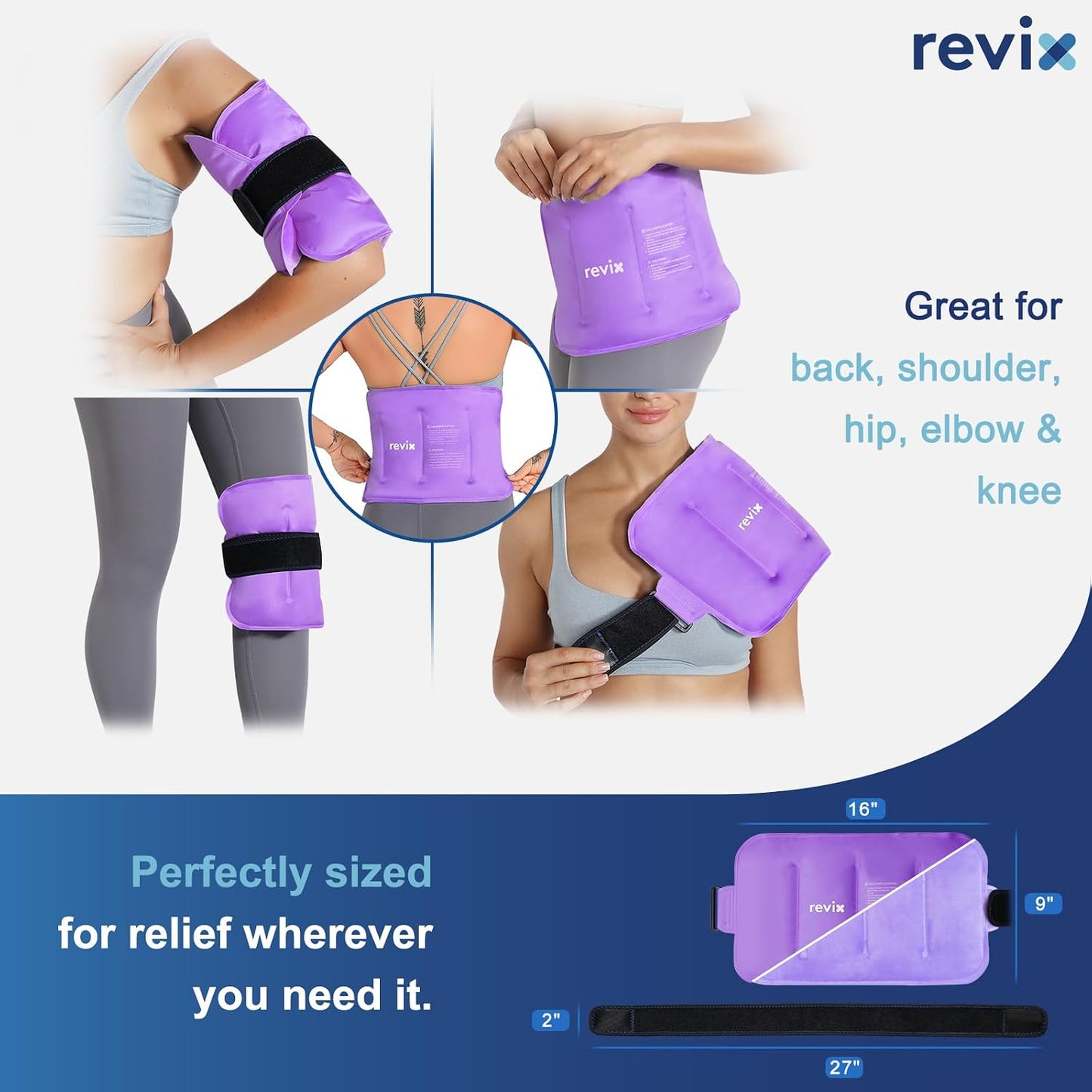 REVIX Ice Pack for Injuries Reusable Gel for Lower Back, Cold Packs for Back Shoulder, Elbow, Hip, Leg, Wrap Around Entire Knee, Soft Cold Compress,16 × 9" Navy