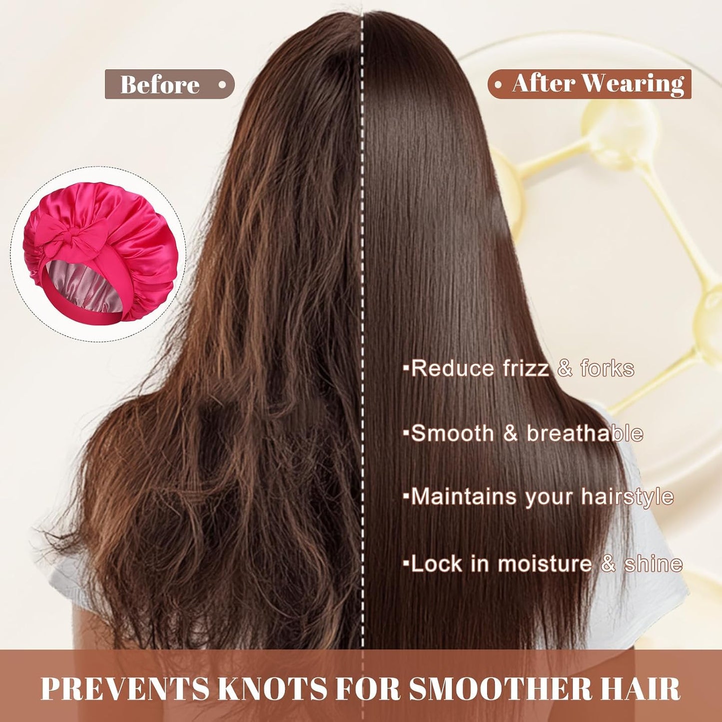 Satin Bonnet for Sleeping Cap Double Layer Hair Bonnet with Elastic Tie Band for Curly Hair Night Cap (Bean Paste + Pink)