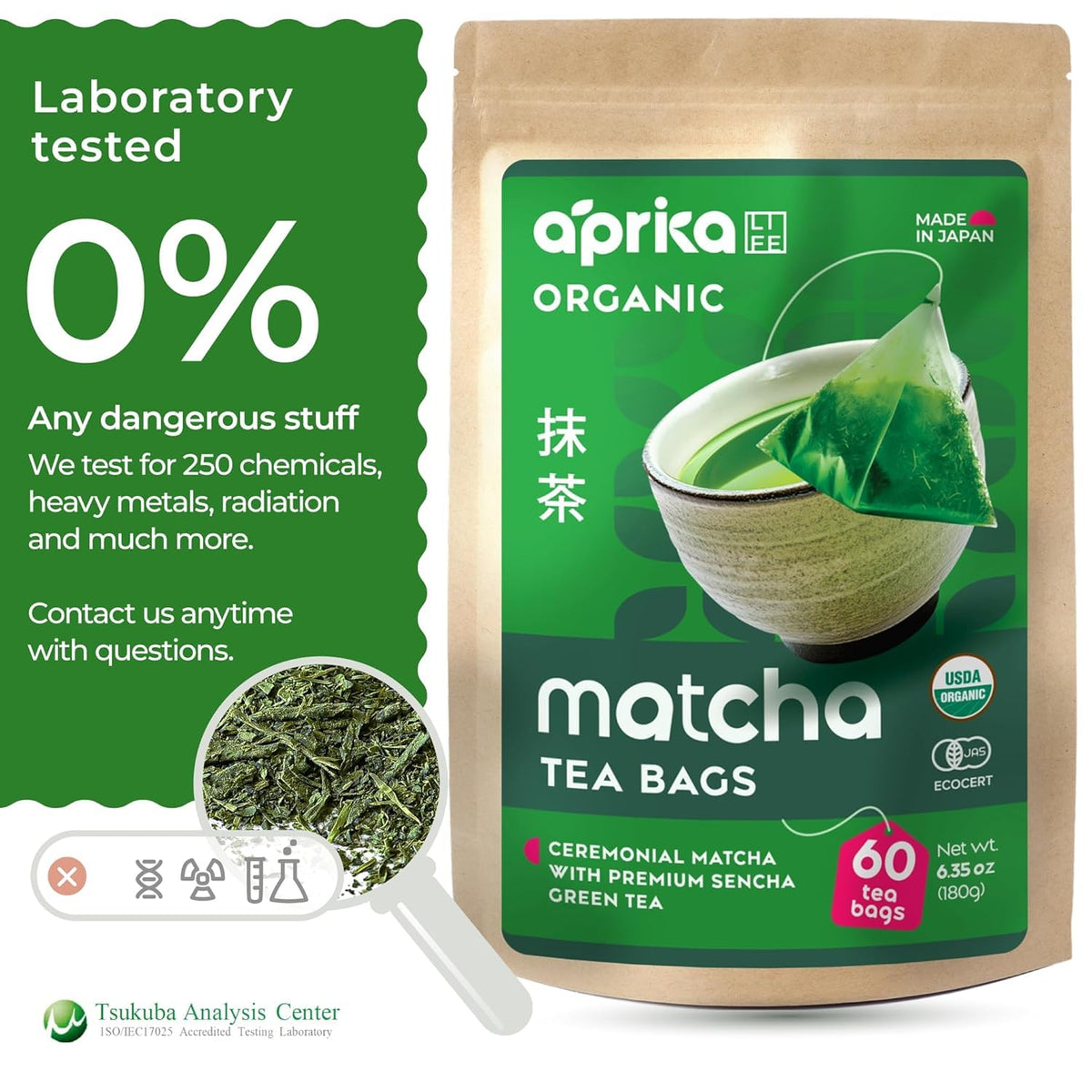 AprikaLife Organic Japanese Matcha Sencha Green Tea Bags, 60 Tea Pyramids