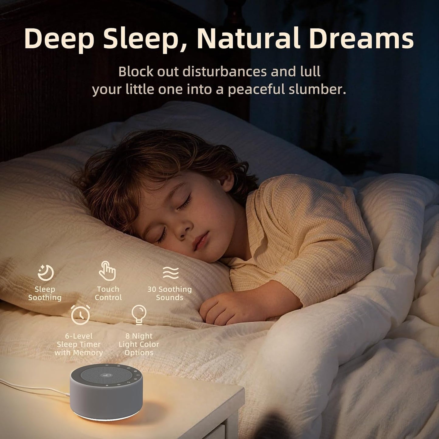 Kipcush White Noise Machine for Baby & Adults, 30 Soothing Sounds, Soft Non-Glare Nursery Lamp, 8 Color Night Lights, Memory Function (Angel V1 White, Standard)