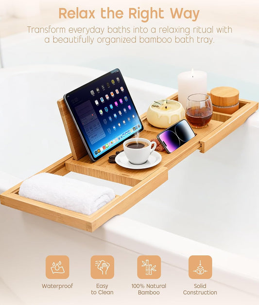 ADOV Bathtub Tray Caddy, Expandable Bamboo Bath Tray for Tub with Grips