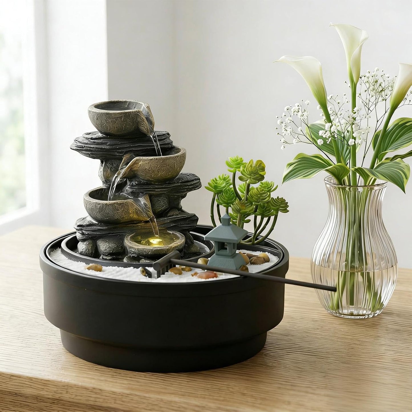 Sunlinua Natural Rocks Tabletop Water Fountain Indoor Water Fountains with 4-Tier Soothing Sound Desktop Waterfall with DIY Decoration for Meditation Desk Home Office Decor(Indoor Electrical Plug)