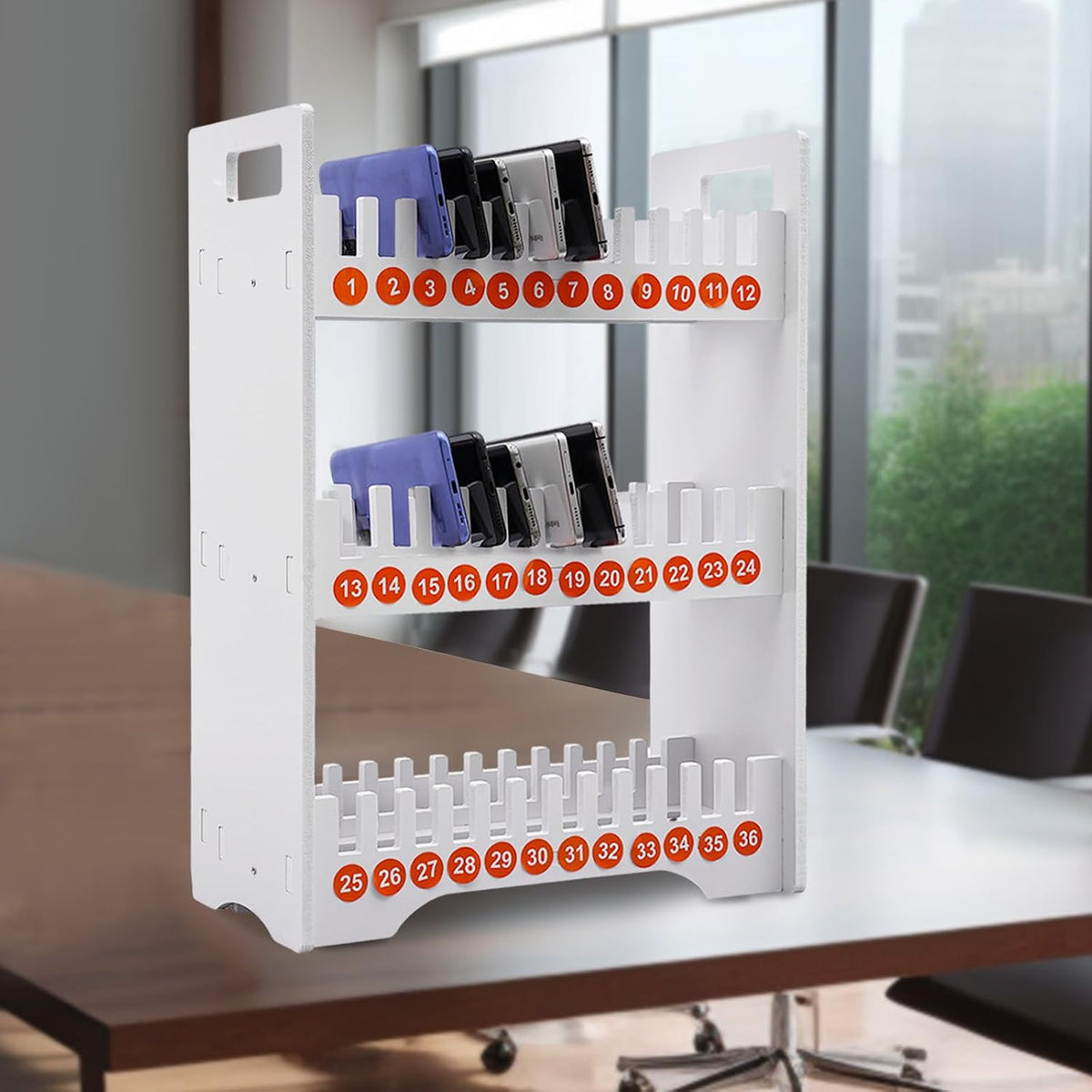 Portable 36-Slot Mobile Phone Holder, PVC Phone Storage Organizer with Numbered Slots, Curved Design, Rounded Corners, for Classroom, Office, Conference Use