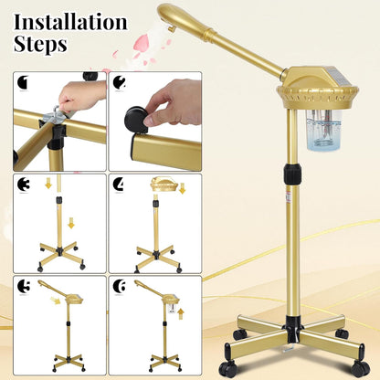 Facial Steamer Professional with More Steam for Deep Cleansing and Hydration, Estheticians Steamer on Wheels with Time Setting, Face Steamer Adjustable Height for Beauty, Spa and Home Use（Golden）