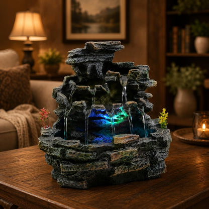 Indoor Tabletop Water Fountain with LED Light, Resin Rock-Look Waterfall Decor, Feng Shui Inspired Zen Fountain for Desk, Office, Bedroom, Living Room & Meditation Space (9" Cascading Rock)