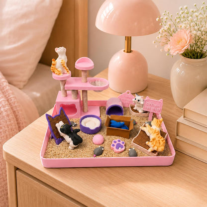 Cat Lover Mini Zen Garden Desk Decor, 3D Print Plastic Miniature Sandbox with 4 Cats, Stewss Relief Gifts for Coworkers, Friends, Family