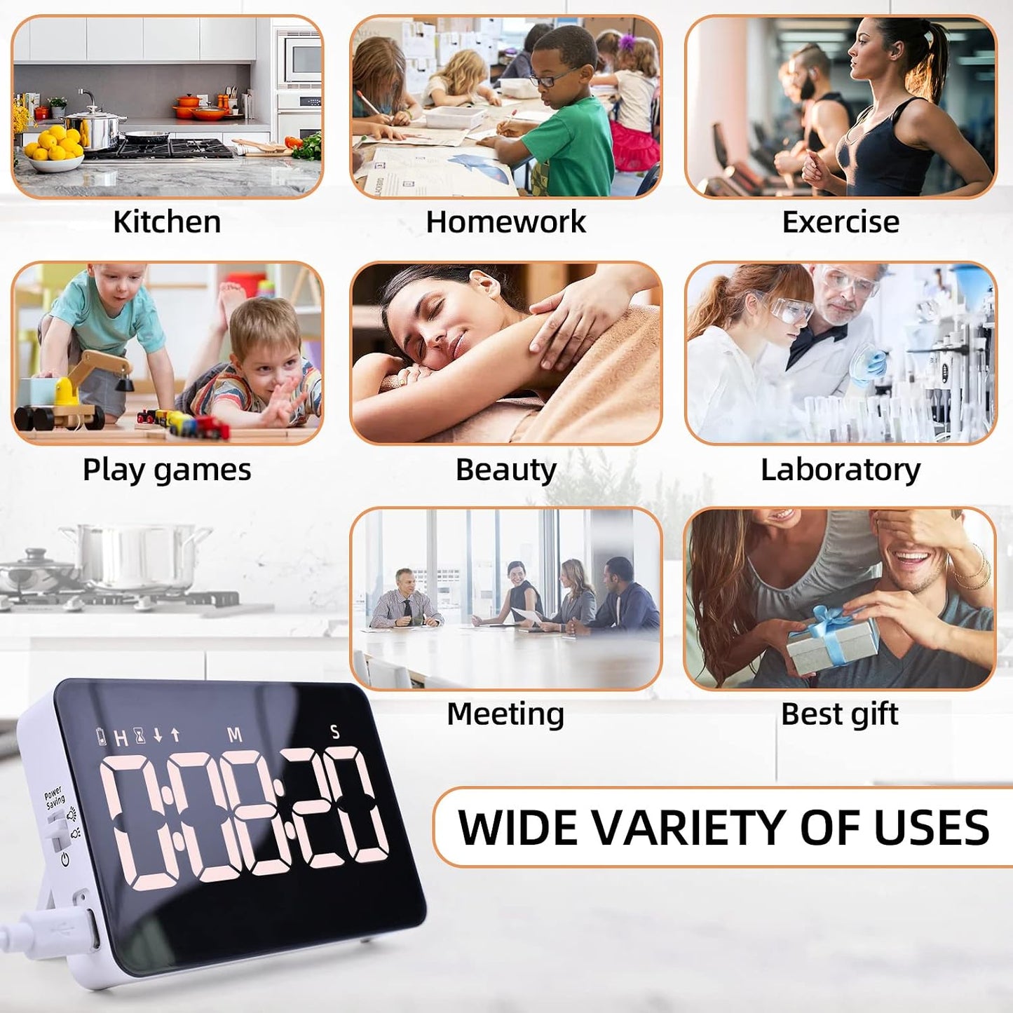 Rechargeable Digital Kitchen Timer for Cooking, Magnetic Timers with Countdown/up, Kids Timer with 5”LED Display 3 Brightness 4 Volume Adjustable for Classroom/Office/Home/Work/Fitness/Game（Blue）