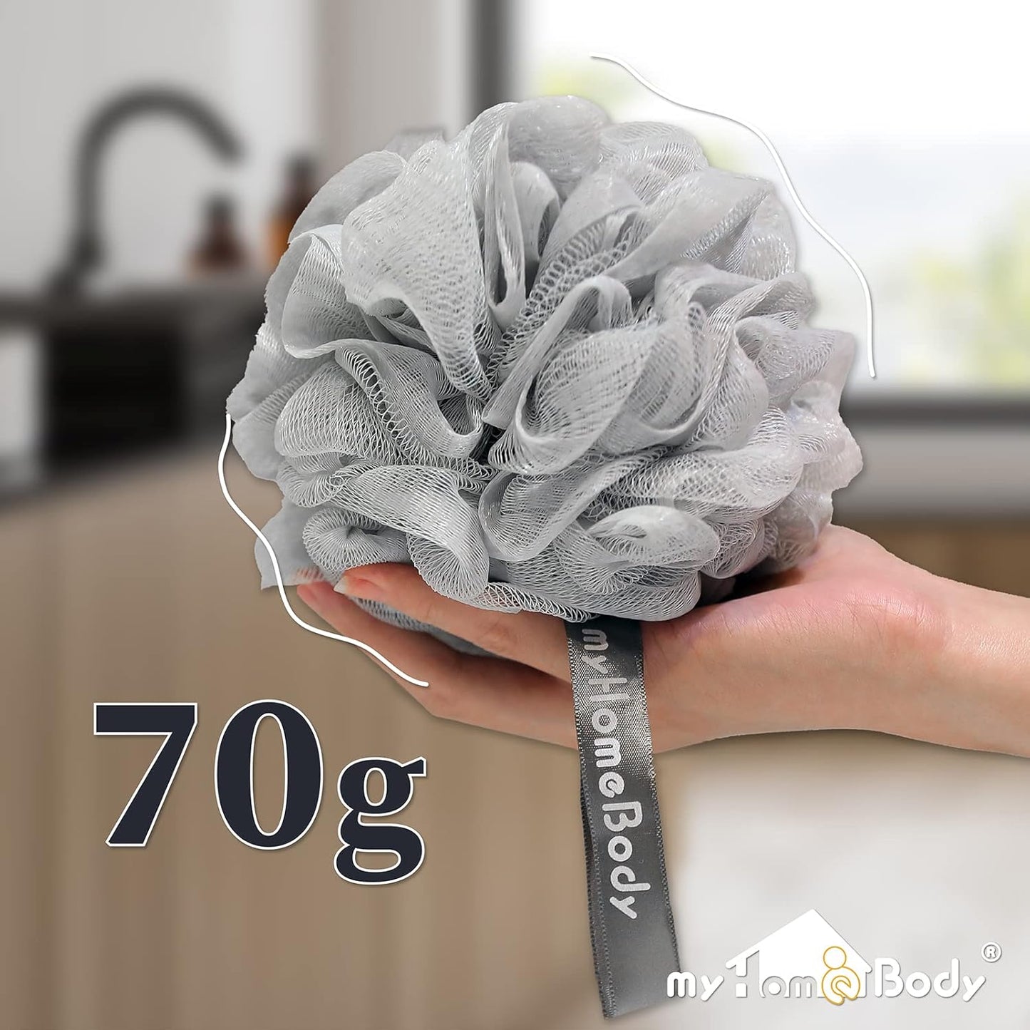 myHomeBody Large 70g Loofah Sponge, Bath Body Scrubber for Women, Men, Exfoliating Shower Pouf with Activated Charcoal - 2 Graphite Gray + 1 Sage Green, 3 Pack