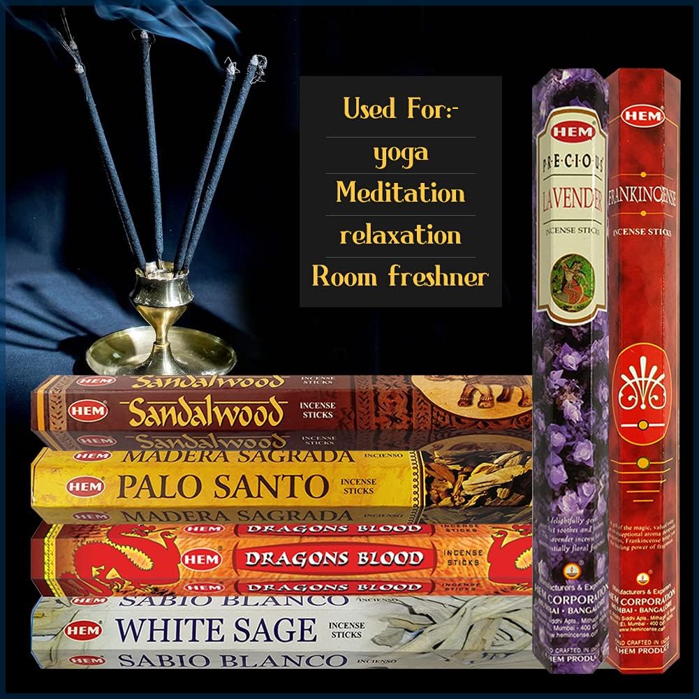Hem Incense Sticks Variety Pack #23-120 Insence-Sticks (6 Incents x 20 Insense) + Incense Stick Holder with 6 Most Liked Scents Including Patchouli Dragons Blood White Sage Frankincense-Myrrh