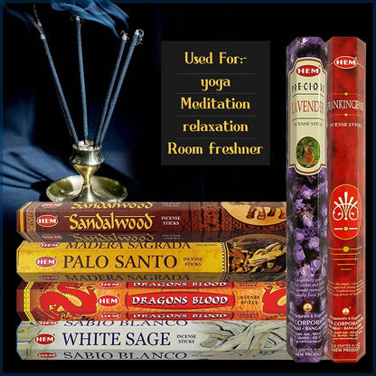 Hem Incense Sticks Variety Pack #23-120 Insence-Sticks (6 Incents x 20 Insense) + Incense Stick Holder with 6 Most Liked Scents Including Patchouli Dragons Blood White Sage Frankincense-Myrrh