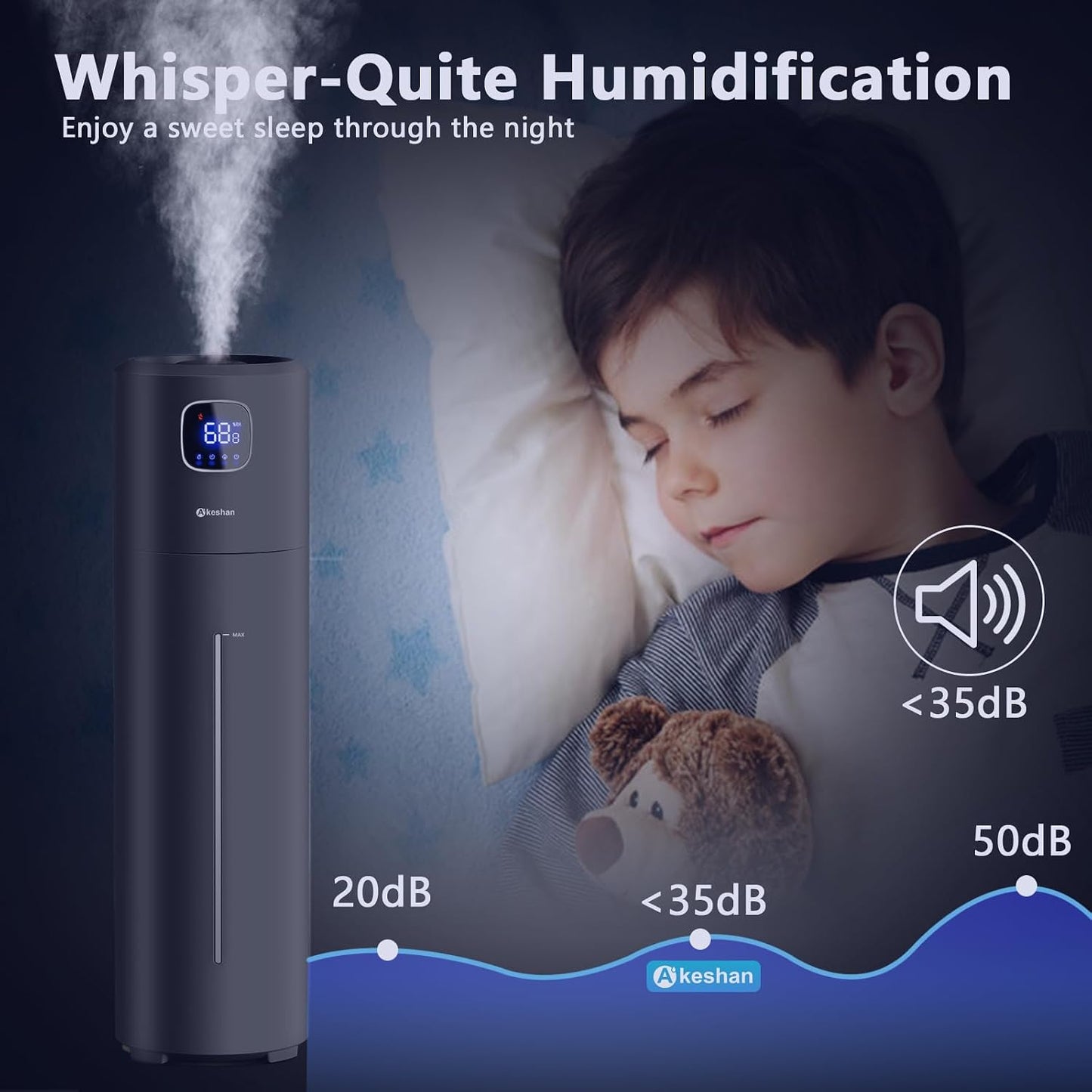 Akeshan Large Humidifiers for Bedroom, 9L/2.5Gal Ultrasonic Cool Mist Humidifier, Top Fill Easy Clean with 350ML/H Large Mist Speed, Quiet, Suitable for Kids Room Plant Yoga Office Study Room Living