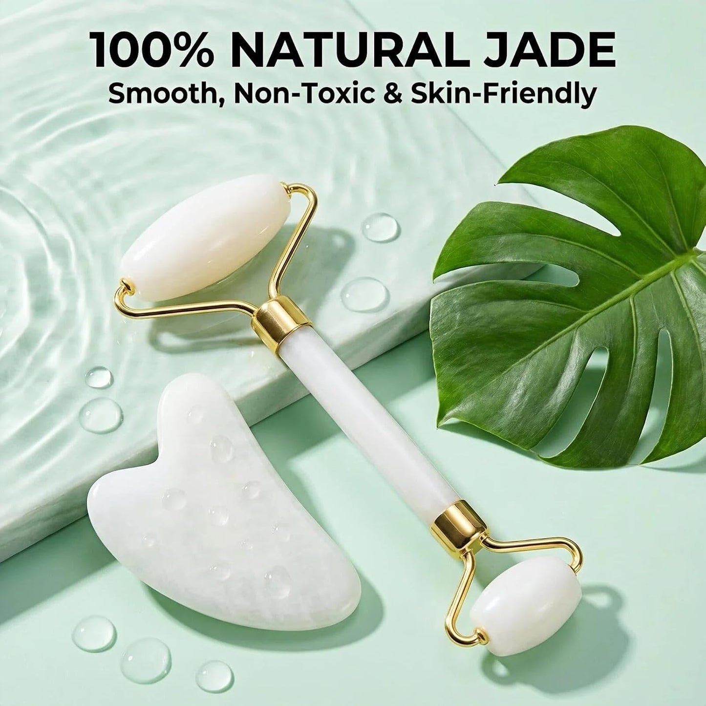 Natural Gua Sha & Jade Roller Set, Gua Sha Tool for Face & Body, Anti-Swelling Skin Tightening Home SPA Tool, Muscle Relief Safe Polished Jade, Self-Care Gift Set for Home Travel